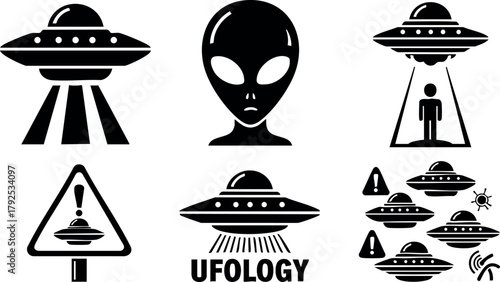 Alien spaceship vector collection with ufo, extraterrestrial head, abduction scene, and ufology symbols in black and white
