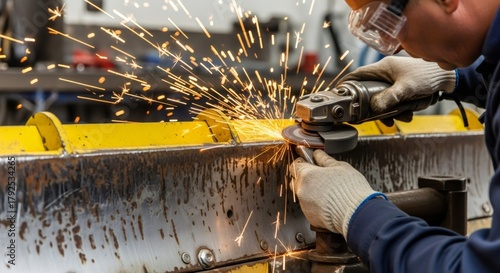 Man wearing protective goggles using an angle grinder to cut metal. Industrial metalworking and fabrication workshop concept.