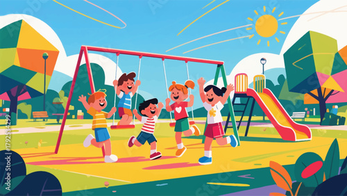 Illustration Of A Group Of Small Children Playing In The Park Vector Design Template