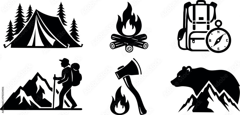 Fototapeta premium Camping and hiking icons with tent campfire backpack axe bear and mountain adventure symbols vector set