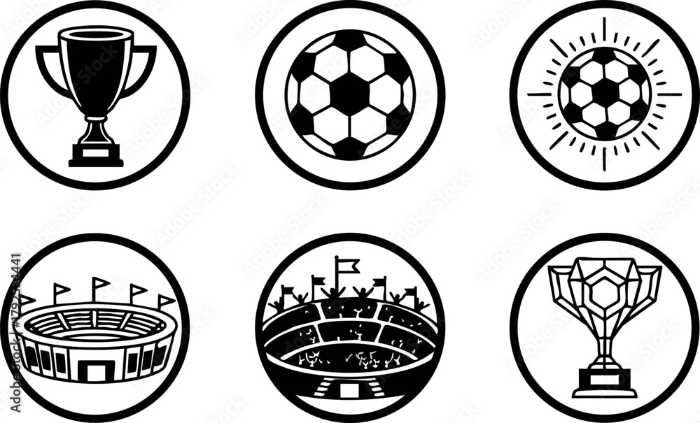 Fototapeta premium Soccer icons with trophy, stadium, and ball in black and white vector design for sports and competition themes