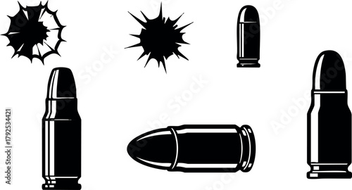 Bullets and bullet holes vector illustration showing various types of ammunition and impact patterns in black and white design