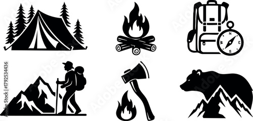 Camping and hiking icons with tent campfire backpack axe bear and mountain adventure symbols vector set