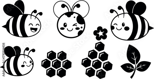Cute happy bees with honeycombs and leaves black silhouette vector design for nature and environment concepts