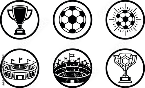 Soccer icons with trophy, stadium, and ball in black and white vector design for sports and competition themes