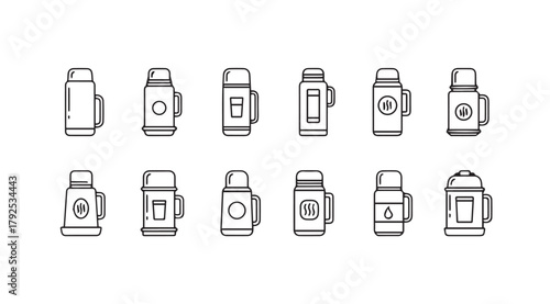 Collection of various thermos flask icons in a simple line art silhouette style