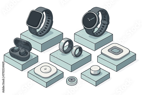 Modern wearable technology devices collection featuring smartwatches, earbuds, and smart rings on pedestals