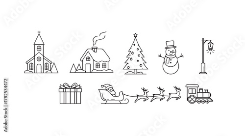 Collection of christmas icons including church house tree snowman sleigh and train silhouette