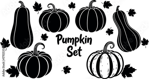 Pumpkin set with various shapes and scattered leaves in black silhouette style for autumn design and decoration