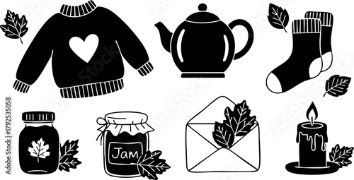 Autumn-themed cozy sweater teapot socks jam candle envelope with leaves vector illustration
