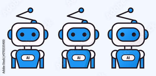 Blue and white AI bot icons. Flat, gradient, with shadows ai bot icons. Cute AI Robot Icon Set – Retro Toy Bot