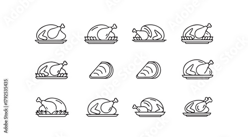 Collection of roasted chicken and carved meat slices silhouette