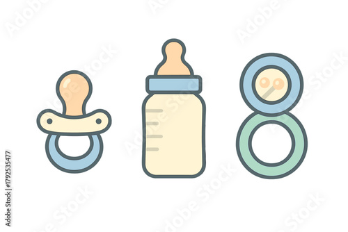 Cute set of infant essentials with a pacifier, baby bottle, and round toy