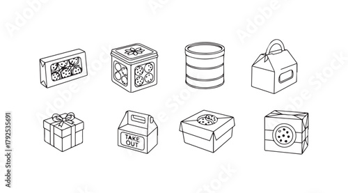 Collection of various gift boxes and containers in a simple line drawing silhouette