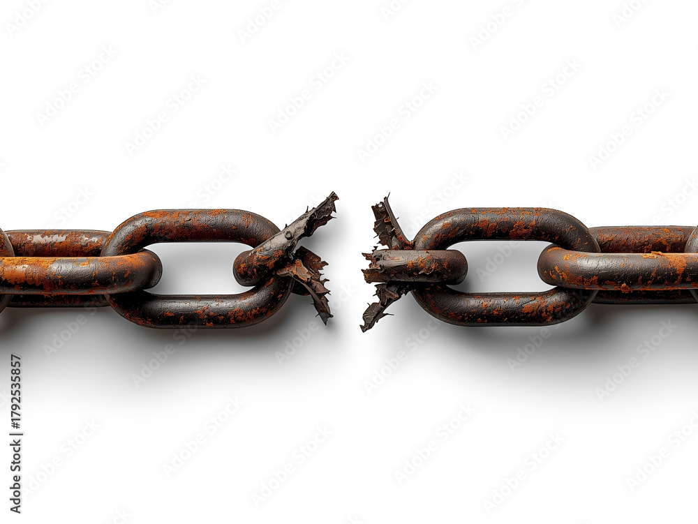 Obraz premium Close-Up of a Heavy Metal Chain Snapped at the Center Symbolizing Strength Failure and Freedom on a Clean White Background