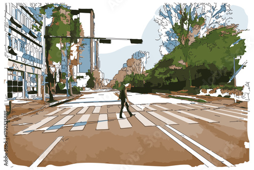 Sketch-style impressionnist painting,A man walks across a zebra crossing on an empty, crowded, modern city street,Digital illustration vector image