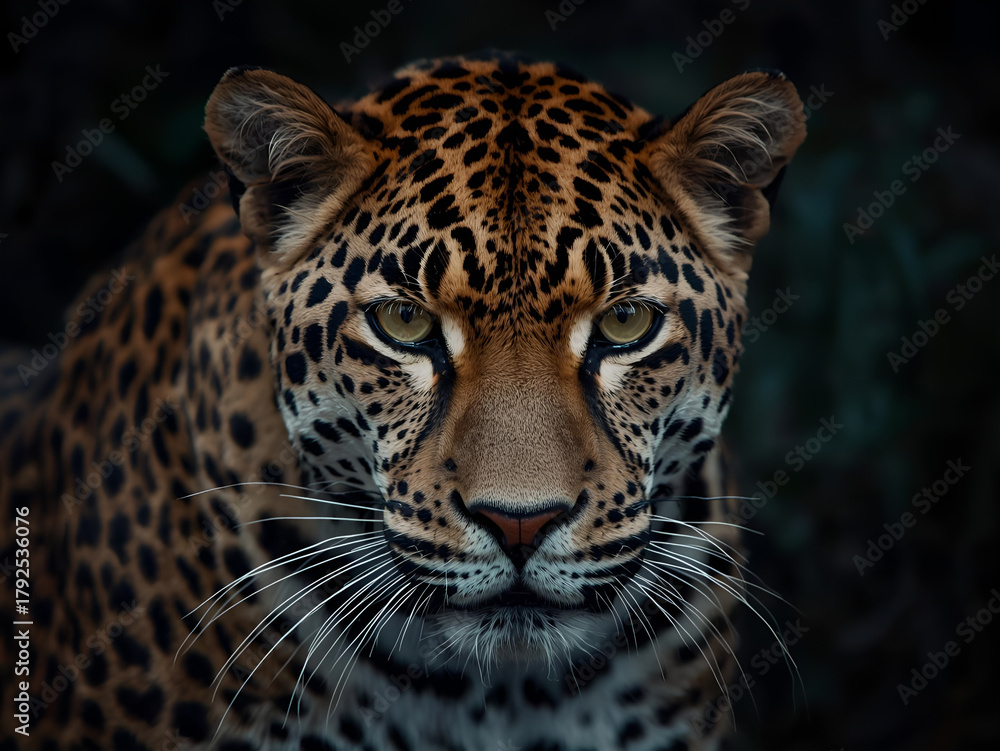 Obraz premium Intense Dramatic Portrait of a Leopard with Piercing Eyes and Detailed Fur Pattern Emerging from Dark Low-Key Lighting