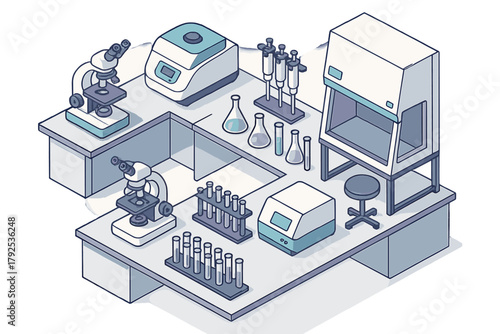 Modern science laboratory workspace with microscopes and chemical testing equipment