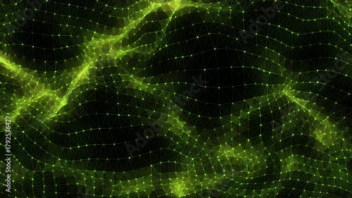 Abstract futuristic wave with moving dots. Flow of colored particles and lines. Cyber technology illustration. Big data visualization. 3d rendering