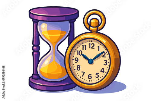 Vintage golden pocket watch beside a traditional hourglass with falling sand