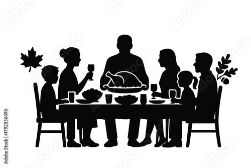 Family gathering silhouette enjoying a festive holiday dinner with roasted turkey and autumn decor