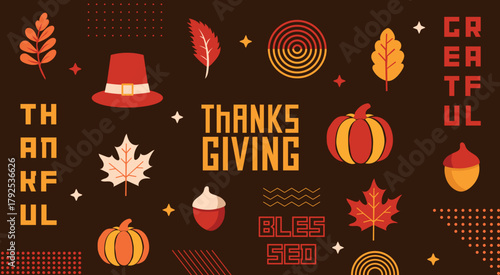 Happy Thanksgiving Day banner with geometric symbols and holiday leaf, pumpkin, pie. Thanksgiving Autumn harvest 2025. Autumnal festive. Template for promotion, web, cards, flyers, posters. Vector.