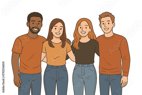 Diverse group of young adult friends standing together smiling and embracing with arms around shoulders