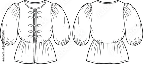 Women’s puff sleeve blouse with front toggle design and waist gathering, elegant fashion top technical flat sketch vector illustration