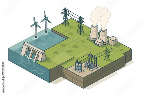 Isometric view of power generation infrastructure featuring nuclear, hydro, and wind energy
