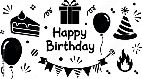 Birthday celebration icons with cake gift balloons party hat and festive decorations vector illustration
