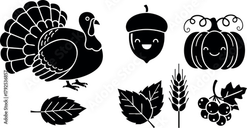 Turkey with autumn leaves acorn pumpkin and wheat harvest seasonal vector design elements
