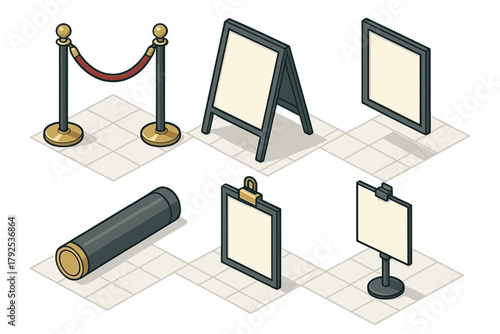Isometric set of various display stands, sign holders, and velvet rope stanchions for events and exhibitions