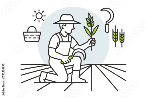 Farmer kneeling in field holding sickle and plant surrounded by agriculture icons