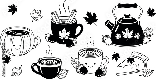 Autumn themed hot drinks vector set with mugs teapot and maple leaves for cozy fall season design