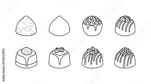 Collection of eight different stylized sweet dessert silhouettes with intricate details