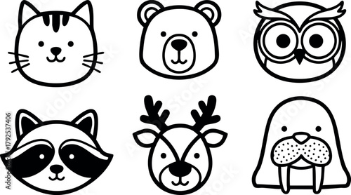 Cute animal face icons simple black line style cat bear owl raccoon deer walrus vector set