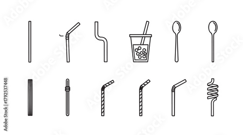 Collection of various drinking straws and spoons in a simple silhouette style
