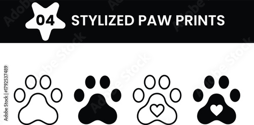 Collection of four stylized paw prints with heart detail