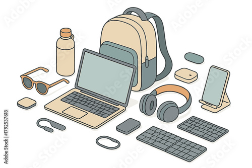 Digital nomad essentials set with laptop, backpack, headphones, and tech gadgets in isometric view