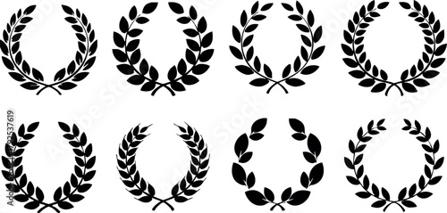 Laurel wreath vector set with eight black silhouette designs for awards and achievement decoration