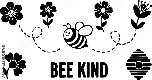 Bee kind vector design with flowers and honeycomb illustration in black and white for positive message and nature awareness