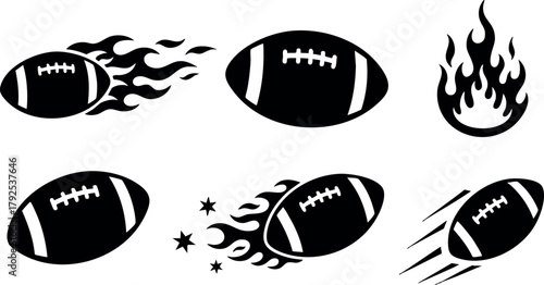 American football ball icons with flames and motion design for sports and dynamic vector graphics collection