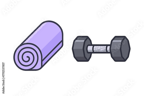 Rolled purple fitness mat and heavy gray dumbbell, essential equipment for gym workouts