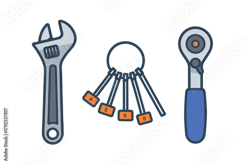 Adjustable wrench, ring of hex keys, and ratchet handle for mechanical work