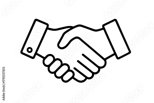 Black line drawing of two hands shaking symbolizing business agreement and partnership success
