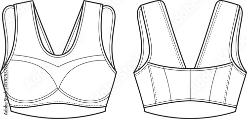Women's padded sports bra technical flat sketch front and back view, modern activewear fashion design template for fitness apparel designers