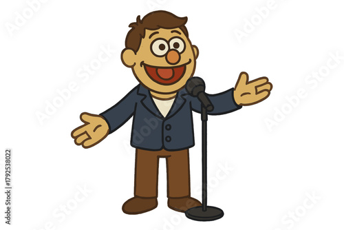 Smiling cartoon presenter speaking into a microphone with wide open welcoming gesture