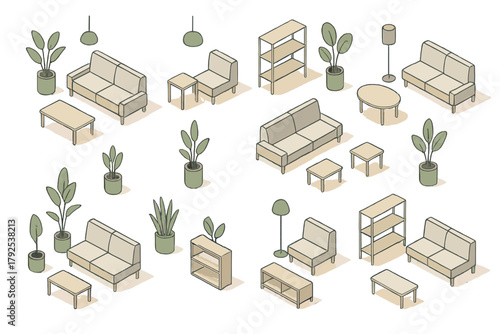 Isometric set of modern living room furniture elements: sofas, chairs, tables, shelving units, and potted houseplants