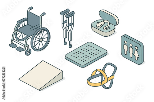 Collection of essential accessibility and mobility aids like wheelchair, crutches, and ramp