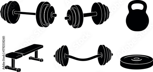 Fitness equipment vector set with dumbbells kettlebell bench and weight plate for gym workout training